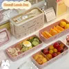 Bento-Boxen, 1000 ml, niedliche Weizenstroh-Lunchbox mit Aufkleber, für Kinder, Schule, Erwachsene, Büro, Mikrowelle, Picknick, tragbare Bento-Box mit Löffel, Gabel, 230515