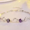 Charm Bracelets Heart Connected Women Fine Real Silver Double Bracelet Color Original Jewelry Purple Stone ZirconCharm