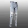 Jakość dżinsów męskich Zerwane chude spodnie Mężczyźni kontrast kolor plisowany jeans dżins jean streetwear patchwork stretch Pants noir homme