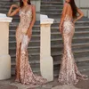 Sexy Gold Mother Of The Bride Deep V Neck Beads Crystal Strap Long Sequined Backless Chiffon Side Split Sweep Train Evening Wear Prom Wed Dresses 403