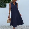 Casual Sleeveless Tank Dress Women Summer V Neck Buttons Ruffle Midi Dresses 2023 Elegant Fashion Beach Loose Sundress