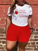 Survêtements pour femmes LW Plus Size Figure Lettre Imprimer Shorts Set O Neck Short Sleeve White T-shirt Rouge Bas assortis Grande taille Femmes Deux Pièces T230515