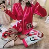 Pijama de roupas de dormir feminino Conjunto de gelo feminino Cetim de seda Autumn Autumn Lace Cute Kimono Summer Home Wear Suit Kawaii Pijamas Mulheres 230515