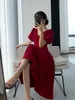 Robes décontractées été élégant col en V manches bouffantes robe rouge pour les femmes décontracté une ligne mariage fête d'anniversaire Vestidos mode femme vêtements 230515