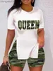 Women's Tracksuits LW Two-piece Sets Women Outfits Queen Letter Print Tie Dye Shorts Set Side Split Top Skinny Matching Bottoms 2 Piece T230515