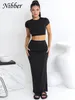 Two Piece Dress Nibber Basic Casual Solid Two Piece Set Women Hipster Short Sleeve O-neck T-shirts Matching Hip Skirt Female Bare Midriff suit 230512