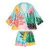 Dames slaapkleding vrouwen pyjama set hand getrokken kunst tropische planten pyjama set zijde als nachtkleding shorts huis slijtage kleding slaapkleding huiskleding 230515