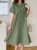 Casual Dresses Zanzea Kvinna O-hals blixtlås Kort ärm Sundress Summer Woman Solid Dress Stylish Elegant Work Ol Vintage Loose Midi Dresses 230515