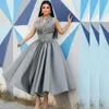 Graue Neckholder-Knöchel-Länge-Abschlussballkleider A-Linie Falten kurz Abend Partykleid mit Pocket Arabisch Dubai Womens Special OCN Kleid 415