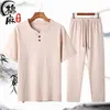 Mens chándales camisa pantalones verano moda tendencia hombres algodón lino traje manga corta hombres camisa tamaño completo M5XL 230512