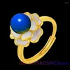 Clusterringen Blue Amber Flower Talismans 925 Zilveren geschenken Natuurlijke charme edelstenen sieraden lanpo gesneden echte zirkoon verstelbare ring