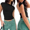Dames Backless T-shirts Y2K Crop Top Solid Short Sleeve Slim Fit Crewneck Samen Casual Crop Tee