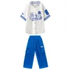 Abbigliamento da palcoscenico Abbigliamento hip-hop per bambini Camicia da cardigan da baseball oversize Pantaloni cargo da strada casual blu per vestiti da costume da ballo jazz per ragazzo