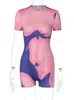 RUKAS Color Block Tie Dye O Neck Short Sleeve Zip Up Sexy Bodycon Playsuit 2023 Summer Fashion Streetwear Party Club Romper