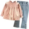 Clothing Sets Children'S Clothing Spring Autumn Floral Cute Baby Shirt Denim Bell Bottom Jeans Pants Casual Sweet Girls Clothes Suit 230516