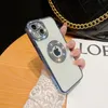 Placcatura di lusso Glitter Diamond Clear Custodie con protezione dell'obiettivo della fotocamera Fascino elettrolitico Logo Foro Scava fuori Cover trasparente per iPhone 14 13 12 11 Pro Max