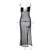 Casual Dresses Sexig svart transparent mesh maxi klänning spaghetti rem lång bodycon klänning se genom strandfestklänning med slits 230515