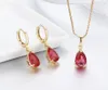 Necklace Earrings Set 8Colors Cute Brass Yellow Gold Color Pear CZ Small Teardrop Charm Drop Pendant Jewelry For Women Girls 18"