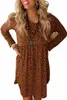 brown Leopard Long Sleeve Babydoll Dress 2023 Hot New 81E5#