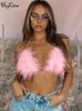 RUKAS Pink Furry Feather Backless Kawaii Sexy Crop Camis 2023 Summer Women Fashion Asthetic Clothes Beach Festival Wholesale