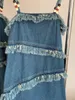 Casual Dresses Vintage Tassels Denim Halter Dress Women Summer Long Maxi A-line High-end Luxury Designer Clothing
