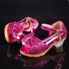 Sandalen Sepatu Anak anak Baru Musim Gugur Kasual Glitter Ikatan Simpul Hak Tinggi Perempuan Mode Putri Sandale Pesta Dansa 230516