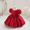 Meisje jurken mode kinderen meisjes baljurk schattige baby puff mouw jacquard weef kinderen verjaardagsfeestje bowknot jurk 1-6y