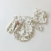 Rompers 2 Buah Romper Bayi Lutu Ruffle Renda Korea Dengan Set Set Topi Scossuit Lengan Panjang Floral Pakaian Manis Perempuan Balita 230516