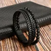 Charm Bracelets Fashion Black Beads Mutilayer Leather Bracelet For Men Punk Magnetic Clasp Wrap Bangle Male Gift