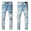 Mens jeans verontruste motorfietsfietser Jean Graffiti Rock Skinny Slim gescheurde gat