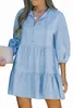 Sky Blue Split Neck Tiered Denim Dress 2023 Hot New O9X9#