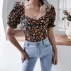 Kadın Tişörtleri Kadınlar İçin Üstler 2023 Yaz Boş Boş Zaman Fener Sleeve Square Boyun Seksi Çiçek Şifon Gömlek Top Kadın İnce Fit Derin V-Yellow
