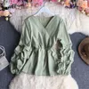 Dames blouses lange mouw top Koreaanse witte blouse peplum shirt v nek vrouwen herfst winter shirts blusas mujer de moda 2023