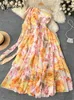 Casual Dresses Yitimuceng Chiffon Maxi for Women Fashion Fairycore Diagonal Collar Floral Summer Dress Backless 230517