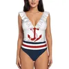 Maillot De Bain Femme Rayures Nautiques Bleu Marine Et Blanches Avec Une Ancre Rouge À Volants Maillot De Bain Une Pièce Femme Sexy Monokini Plage Femme