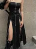 RUKAS Women Fashion Strapless Black Zippers Slit Sexy Slim Midi Dress 2023 Summer Y2K Streetwewar Party Club Outfit Wholesale