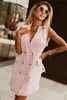 Pink Frayed Edge Double Breasted Tweed Vest Dress Q3bs#