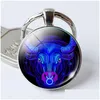 Sleutelringen 12 Constellatie Keychain Zodiac Sign Chain Round Glass Pendant Keyring Keyfob voor handtas Portebersassen Auto Charm Xmas cadeau OTM7Z