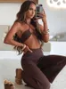 RUKAS Ribbed Halter Backless Lace Up Sexy Crop Camis Flare Pants 2 Piece Sets 2023 Summer Women Clothes Beach Rave Party