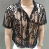 Camicie casual da uomo Camicia trasparente fiore di pizzo di lusso 2023 Estate manica corta See Through Button Up Men Camicia Uomo Floral Black