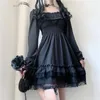 Sukienki swobodne Kobiety w stylu Lolita Black Mini sukienka Slash Szyja wysoka talia Vintage Gothic Puff Sleeve koronkowe marszczyki