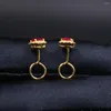 Stud Earrings 999 Pure 24K Yellow Gold For Women Rose Red Cubic Zirconic Gemstone Hook Weight 1.68g