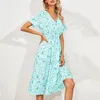 Casual jurken Elegant bedrukt strand Midi vrouwen zomer V-hals korte mouw Empire Taille A-lijn jurk Sundress vestido gewaden