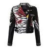 Women's Jackets Punk Style Graffiti Faux Leather Short Jacket Women Zebras Pattern Rivet High Waist Motorcycle Clothing