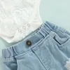 Ensembles de vêtements pour bébés filles pantalons décontractés costume blanc col rond manches longues barboteuse et ourlet en dentelle jeans déchirés