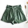 Short Femme Harajuku Cuir Véritable Bourgeon Plissé Falbala Short Avec Ceinture Femme Taille Haute Hhaki / Vert Casual Mujer Sexy Booty Short 230516