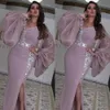 New Evening Dresses Formal Prom Party Gown Mermaid V-Neck Long Sleeve Floor-Length Sweep Train Sequins Crystal Satin long Split Custom