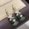 Pendientes colgantes D328 Plata de Ley 925 pura 9-10mm joyería fina perlas verdes de pavo real de agua dulce para mujer perla