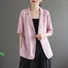 Kvinnors kostymer Kvinnors kostym Jacka kappa koreansk bomull och linne sommaren tunt halv ärm Cardigan Top Woman Office Blazer