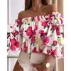 Women's Blouses Summer Print Ruffle Off Shoulder Shirt Women Fashion Floral Slash Neck Short Butterfly Sleeve Sexy Crop Tops 26429